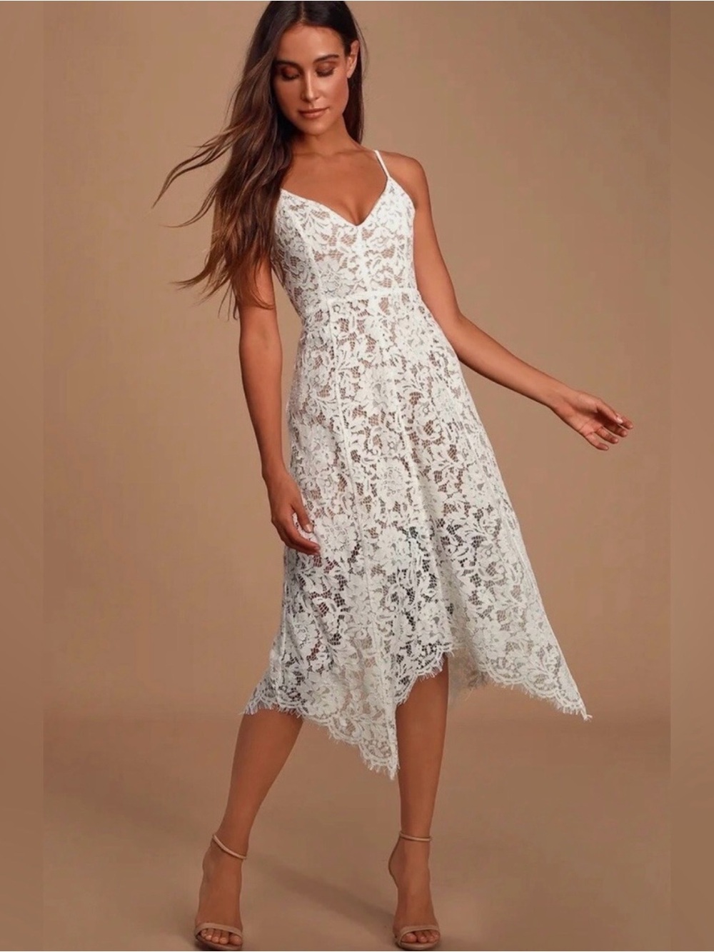 NWT Lulus One Wish White Eyelash Lace Spaghetti Strap Midi Dress
